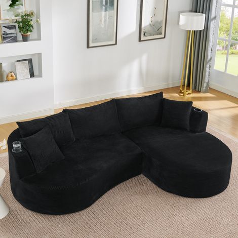 Canapé modulable 3 places avec chaise longue droite, tissu corduroy noir, 264x168x76 cm (1/5)
