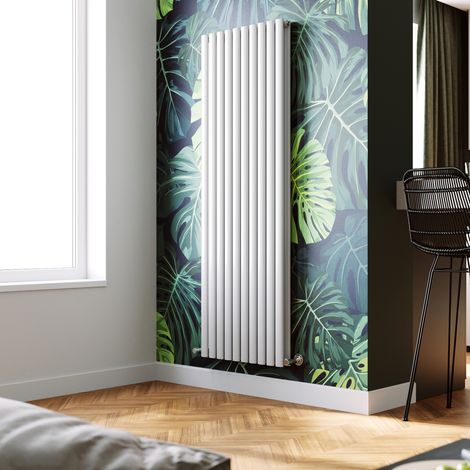ELEGANT Vertical Column Designer Radiator White Oval Double Panel Rad 1800 x 590mm + Angled Radiator Valves (1/5)