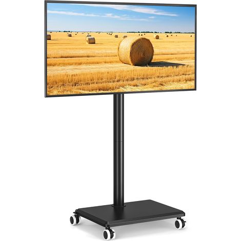 Support TV roulettes pour Téléviseurs 27-60 Pouces, Support TV sur Pied Mobile Réglable en Hauteur et Pivotant avec Base en Bois - VESA Max 400x400mm, Poids Max 40kg (Noir) (1/5)