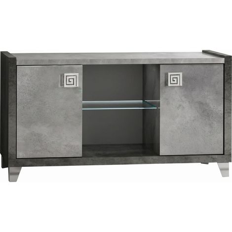 Meuble TV 2 Portes 105cm aspect béton ciré 2 tons éclairage Led - HAMPTON (1/4)