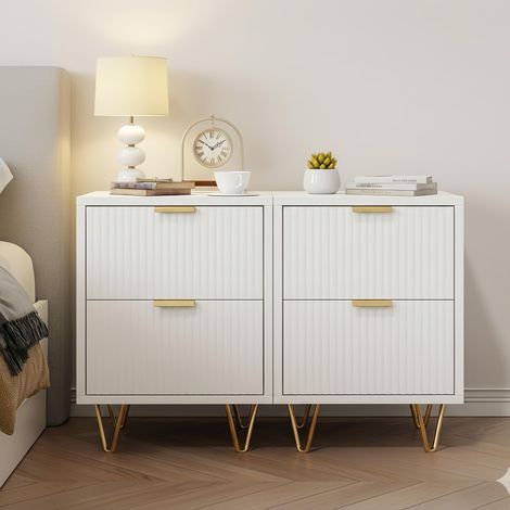 Juego de 2 mesitas de noche 49x29x47 cm, con 2 cajones ondulados, tiradores y patas doradas, MDF, estilo contemporáneo, para salón y pasillos - Blanco (1/5)
