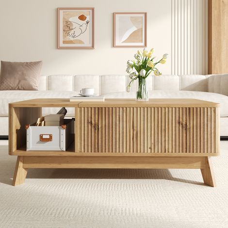 Table basse relevable design ondulé, rangement latéral ouvert, MDF, style moderne, meuble salon pratique (1/5)