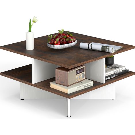 Table Basse Carrée à 2 Niveaux de 60 cm avec 4 Compartiments de Rangement, Style Moderne avec Base en Croix, Marron Rustique et Blanc (1/5)