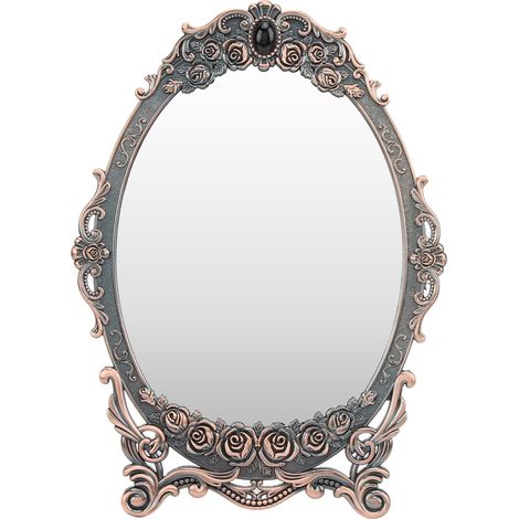Miroir de maquillage rétro de bureau, bordure perlée à motif floral, image claire, miroir vintage fonctionnel en cuivre rouge, décoration élégante (1/5)