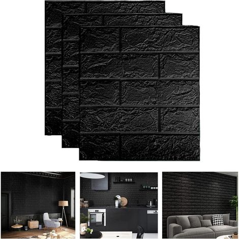 Lot de 10 autocollants muraux 3D - Amovibles - Brique 3D - Papier peint mural - Pour salon, chambre à coucher, chambre d'enfant (35 x 38,5 cm, noir) (1/5)