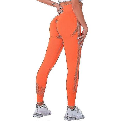 Damen-Leggings mit hohem Bund, dehnbar, in voller Länge, Fitness-, Sport- und Yogahose-M-Orange