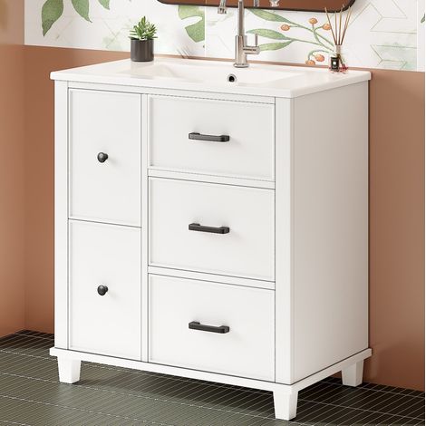 Mobile da bagno con gambe, 76,5 x 47 x 83,5 cm, con 4 cassetti e 1 cassetto a ribalta, bianco (1/5)