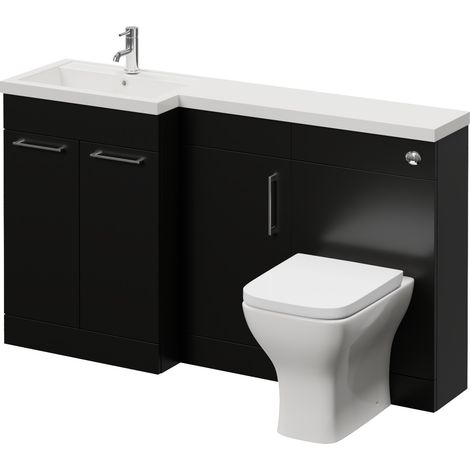 Napoli 390 Matt Black 1500mm 3 Door Vanity Unit Toilet Suite with Left Hand Square Lucia Basin - 1500mm - Chrome 160mm HandleWith Kingston Toilet Pan and Seat