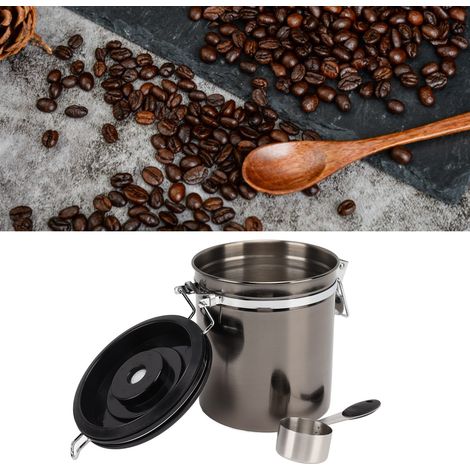 Boîte à café en acier inoxydable 304, récipient de conservation hermétique avec cuillère, noire, 1,5 L (1/5)