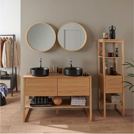 Meuble ATOLL double 120cm chêne vasques noires robinets miroirs colonne