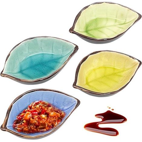 4 blattförmige Keramik Dipschalen, 7 x 10 cm, kleine Schalen, Dipschalen, 4 Farben, Mini Snackschalen, Saucenschalen für Sojasauce, Saucen, Gewür (1/5)