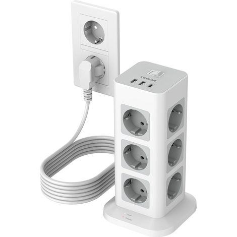 15 en 1 Tour Multiprise 12 Sorties AC avec 3 USB, Rallonge 5m  Parafoudre et Surtension avec Interrupteur, 3600 W Rallonge Electrique avec 5M, Secteur USB C pour Maison, Bureau, Gris (1/5)