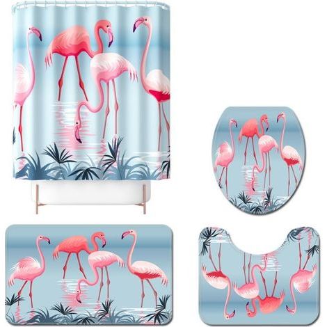Set composto da tenda da doccia e tappetino da bagno in quattro pezzi con stampa fenicottero (cartone animato digitale), C (1/5)