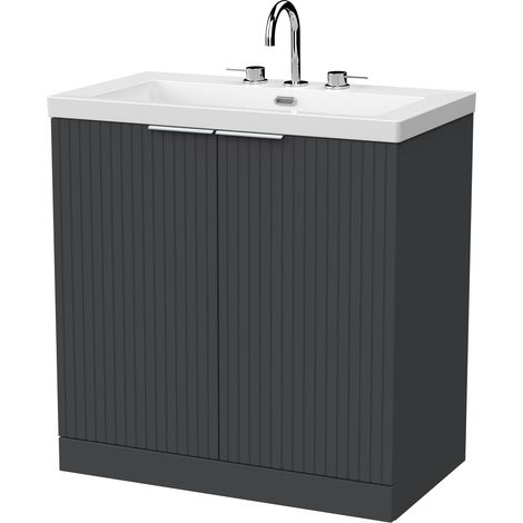 Callingwood Contemporary Floor Standing 2 Door Vanity Unit with 3 Tap Hole Fireclay Basin , 800mm, Dark Grey (1/4)