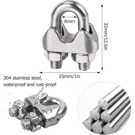 Morsetti per cavi in acciaio inox da 6 mm, 16 pezzi Morsetti per cavi in acciaio Elementi di fissaggio per cavi metallici da 6 mm M6 Morsetti per cavi a forma di U per cavi metallici di diametro 6 mm  (1/4)