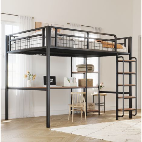 MEUBLIV Lit mezzanine 140x200 cm noir – avec bureau et étagères, sans matelas (1/5)
