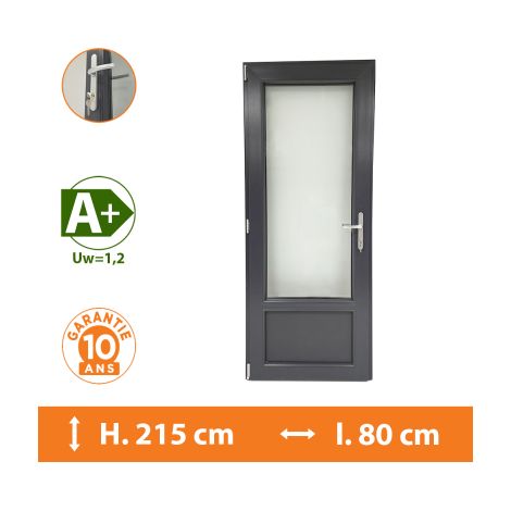 Direct Fenêtres – Porte-fenêtre PVC 1 vantail gris anthracite – Ouvrant à la française – H.215 x l.80 cm – Isolation thermique A+ – Double vitrage 4/16/4