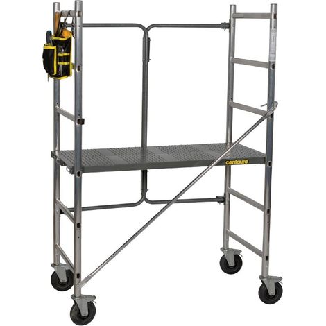 Centaure – Échafaudage pliant alu jusqu'à 2m90 – 2 plateaux de travail – 4 roues pivotantes avec frein – Montage rapide sans outils