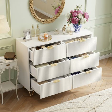 Commode à cinq tiroirs - 6 tiroirs à motif ondulé, pieds de 15 cm de haut, dispositif anti-basculement en métal, h73/L100/t34 cm - blanc (1/5)