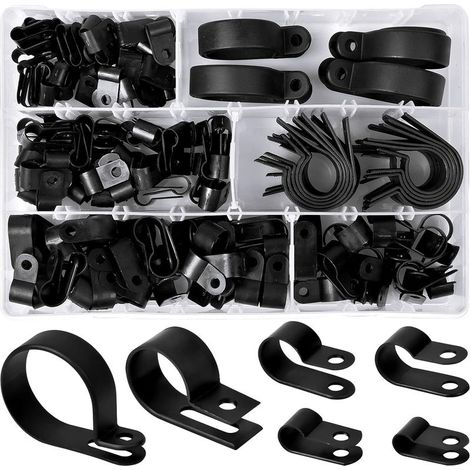 200 Stück Pinces en Plastique en Nylon R Clips Colliers de Fixation de Tubes, 6 Tailles 3/16' 1/4' 3/8' 1/2' 3/4' 11/8' Attaches pour Conduits, Câbles, Gaines (Noir) (1/5)