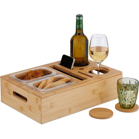 Relaxdays Snack Tray, Couch Bar, Bamboo, Steel Bowl, Drinks & Wine Glass Holder, Handles, Cup Coasters, Natural/Silver (1/5)