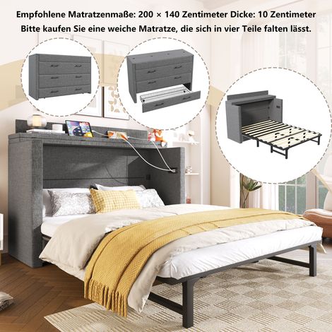 Lit escamotable 140x200 cm avec tiroir de rangement, ports USB et Type-C, lit plateforme convertible gris