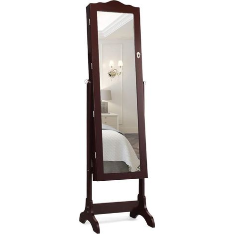 COSTWAY Armario para Joyas Espejo Joyero con 14 Luces LED Espejo de Cuerpo Entero con Cerradura Gabinete de Joyería de Pie Organizador para Anillos Cadena y Pendientes Marrón (1/5)