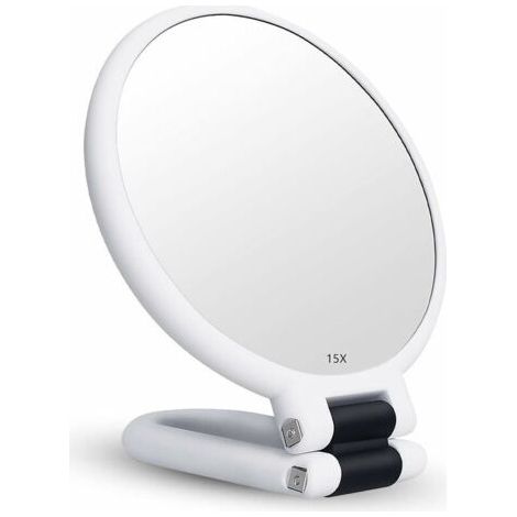 Miroir Grossissant x15 - Double Face - Miroir Pliable avec Poignée - Miroir de Maquillage à Main - Miroir à Palette de Coiffeurs - Miroir Pliant Utilisé pour Divers Détails de Maquillage - Blanc (1/5)