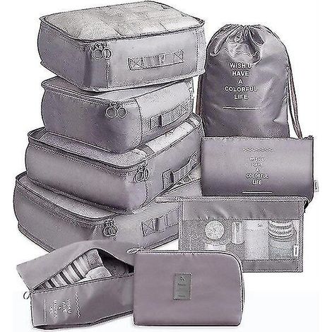 Ensemble de 9 pochettes de rangement de voyage, sacs de voyage portables, idéal pour ranger chaussures et vêtements dans votre valise. Gris.