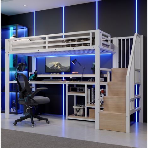 Cama alta 90 x 200 cm con escritorio, escalera con almacenaje, USB + Type-C y LED, blanca HAVRYA (1/5)