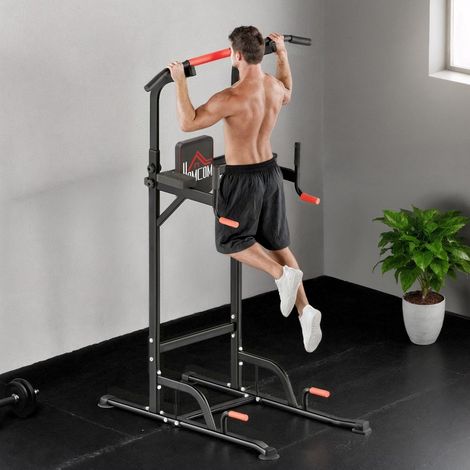 Station de dips Power Tower réglable en hauteur avec barre de traction, ventouses et rembourrage pour appareils de musculation à domicile (1/4)