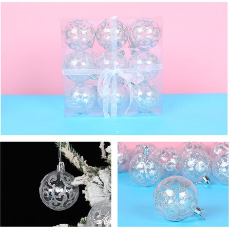 Gemusterte, transparente Weihnachtskugeln aus Kunststoff, Set zum Aufhängen am Weihnachtsbaum, Silvesterdekoration, Partyset, silberne Ausführung (1/5)