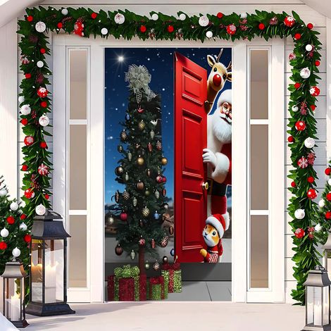 Rideau de porte de Noël 2026, bannière extérieure avec fond photo Père Noël et chien, tissu à suspendre - 90 x 180 cm (œillets + ruban) - 36