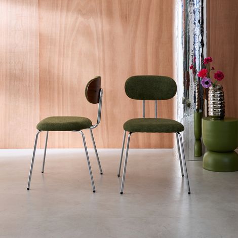 2 chaises décor bois courbé teinté noyer et tissu déperlant kaki. pieds métal chromé - L 45 x P 55 x H 80cm - Erin (1/5)