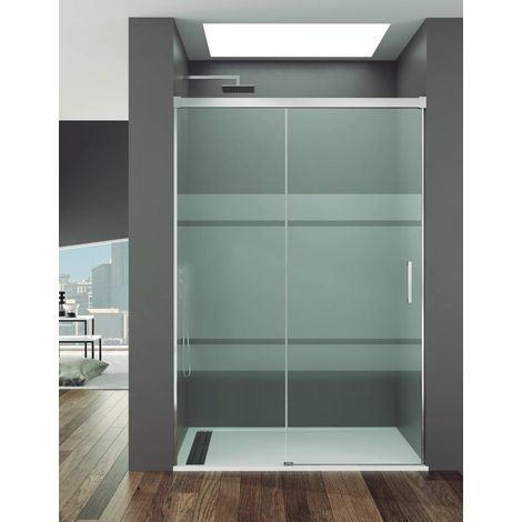 BASIC sliding shower door with fixed panel, 100 cm, Frost screen-printed glass, chrome finish