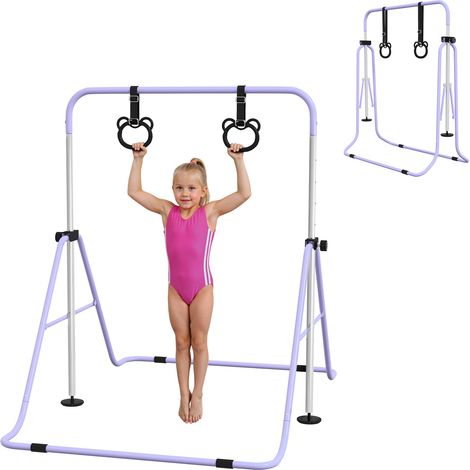 Barra de Gimnasia para Niños Altura Ajustable en 5 Niveles y Anillos Entrenamiento de Gimnasia Plegable en Casa Púrpura (1/5)