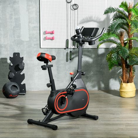 Cyclette con volano da 4 kg, resistenza regolabile, display a LED, silenziosa, sedile regolabile, colore rosso e nero.