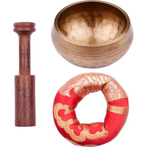 Ensemble de bols chantants tibétains comprenant un bol sonore en métal fait main de 8 cm (3 pouces), un coussin doux et un maillet en bois pour la méditation, la guérison des chakras, le yoga et la re (1/2)