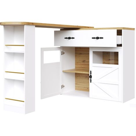 Mesa bar extensible con almacenaje giratoria 360° 138-204 x 39 x 104 cm MDF blanca HOMVRA (1/4)