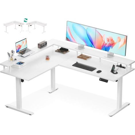 OffiGo Höhenverstellbarer Eckschreibtisch 150x120cm mit Steckdose, Monitorablage (1/5)