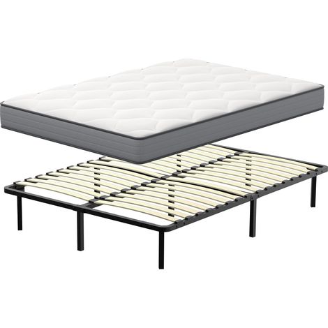 Matelas Ressorts ensachés et sommier 140x190 Ensemble DEWINNER, Matelas à mémoire de Forme et Ressorts+Sommiers à Lattes avec 9 Pieds pour Adulte, 2x16 Lattes (140x190x20 cm)