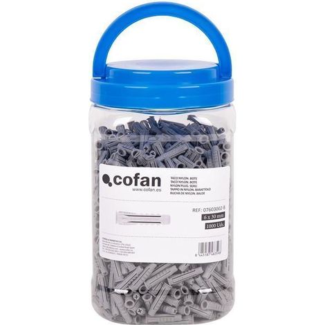 Taco nylon 6x30 mm, 4 segmentos, bote de 1000 unidades para fijación segura.
