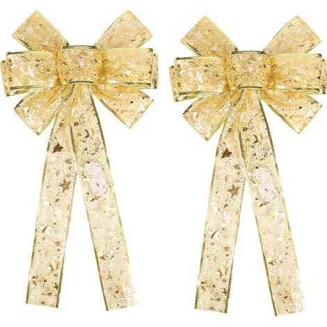 2 nœuds dorés de noël éclairés, nœuds de couronne de noël avec lumière LED, décoration de couronnes d'arbre de noël, 43cm x 22cm (1/5)