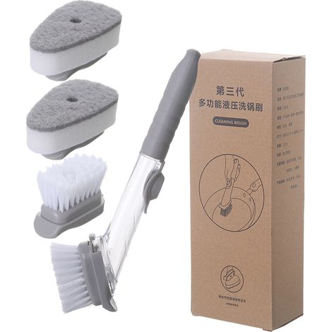 Balai hydraulique automatique avec réservoir à liquide, brosse douce pour cuisine, ustensiles pour casseroles et bols, lot de 1 manche + 2 brosses + 2 éponges (1/5)