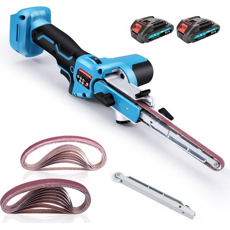 Ponceuse à Bande Portable, Sans Fil, 630 m/min, 16 Bandes Abrasives, 9&13 mm Bras de Ponçage, Sans Balais, Compatible Makita18V, Batterie x 2