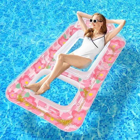 Sollbry Piscine Adulte,Matelas Piscine Gonflable,Chaise Longue Gonflable pour Adultes,Hamac Aquatique,avec Coussin de Tête et Porte-Gobelets,pour Fêtes,rose (1/5)