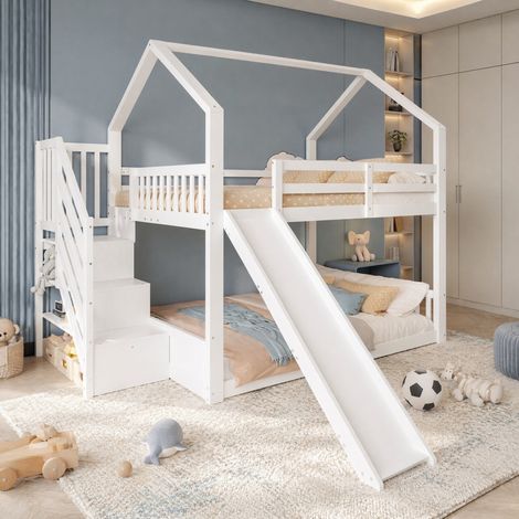 Lit superposé cabane 140x200 avec toboggan Blanc OKMYHOME (1/5)