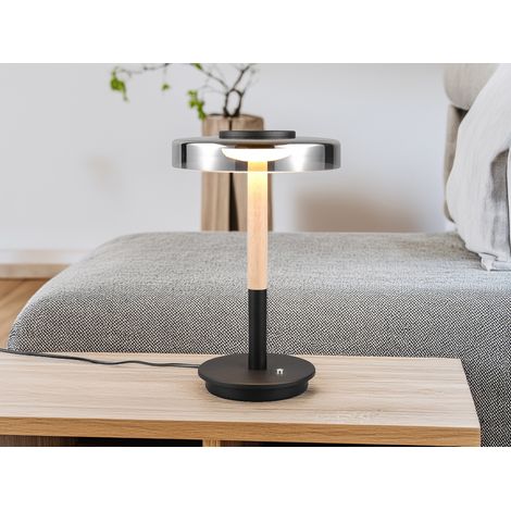 Dimmbare LED Tischleuchte CELESTE mit Holz & Glasschirm, Höhe 35cm