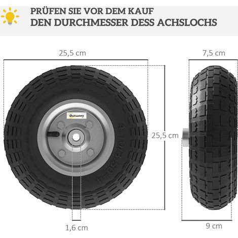 Roue de brouette, lot de 4, roue de rechange, 80 kg, Ø 255 mm, pneu plein en caoutchouc avec chambre à air, roulements à billes, noir (1/5)