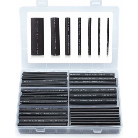 KZQ 180 Pièces Kit de Gaine Thermorétractable Etanche Noire - 3:1 Tube Thermoretractable à double paroi - Revêtement adhésif - Gaine Thermo (1/5)